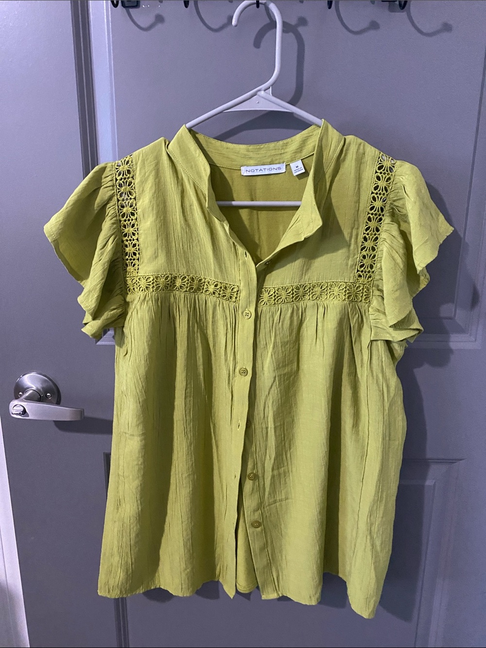 Notations Lime Crochet-Trim Button-Up Blouse